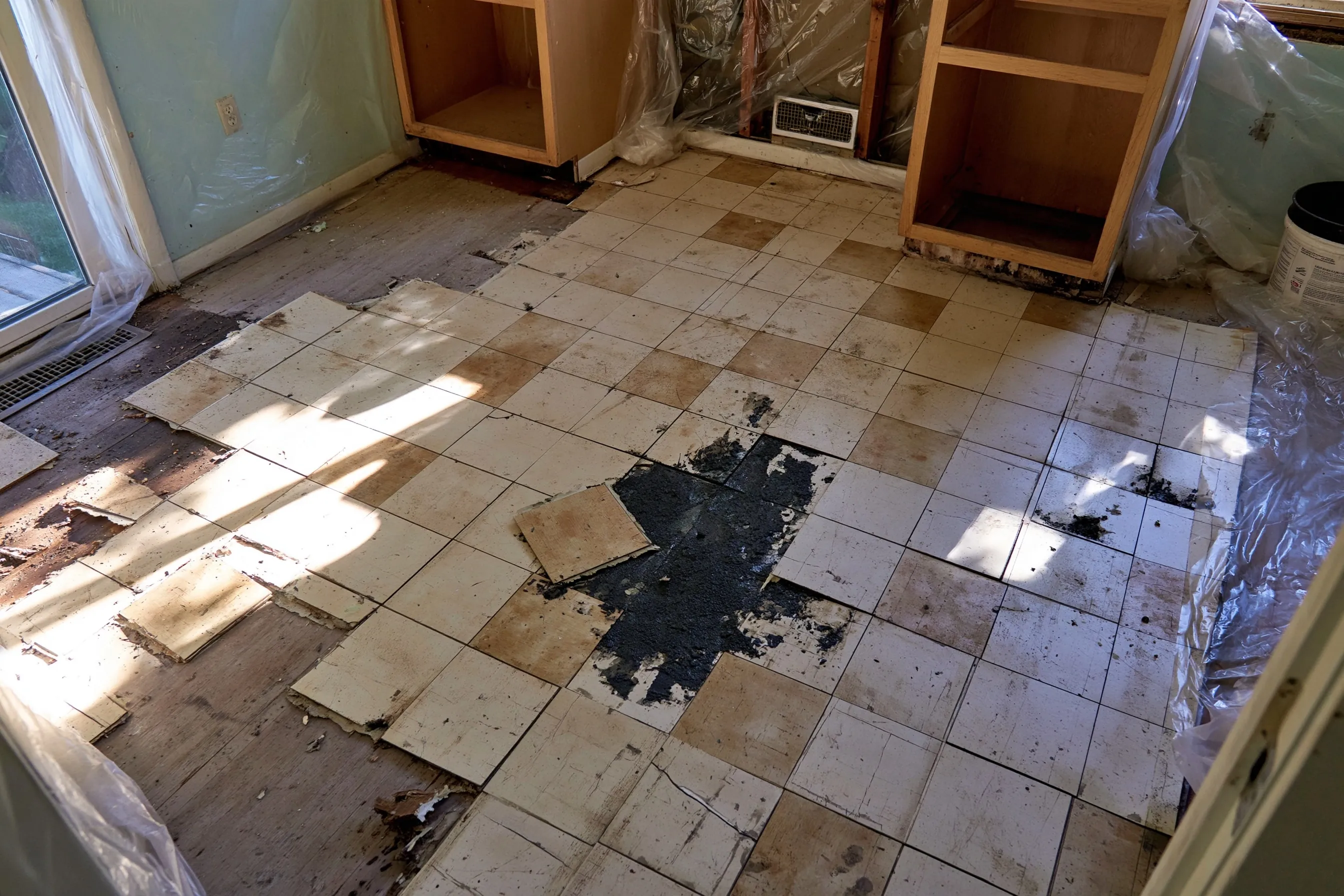 Older kitchen floor of small square vinyl tiles, some lifted to show black mastic, with plastic sheeting along the walls